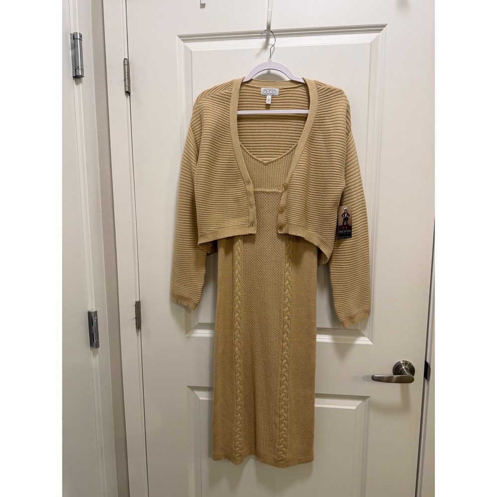 Sofia Jeans by Sofia Vergara Warm Sand Knit Midi Dress and Cardigan Set Size L